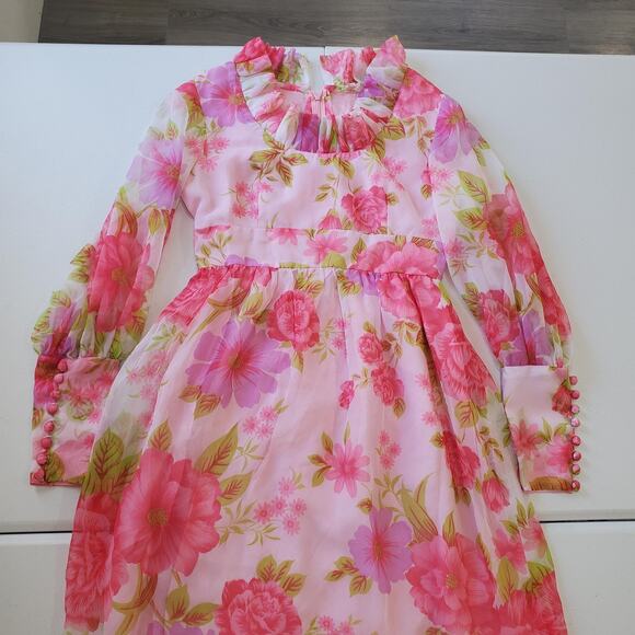 VINTAGE Floral Chiffon Maxi Dress Womens Small Pink Ruffle Neck Puff Sleeve 70s - Picture 2 of 11